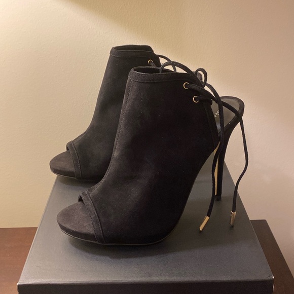 Shoemint Noelle Black Suede Open Toe Lace Back Heels, 8.5 - Picture 2 of 8